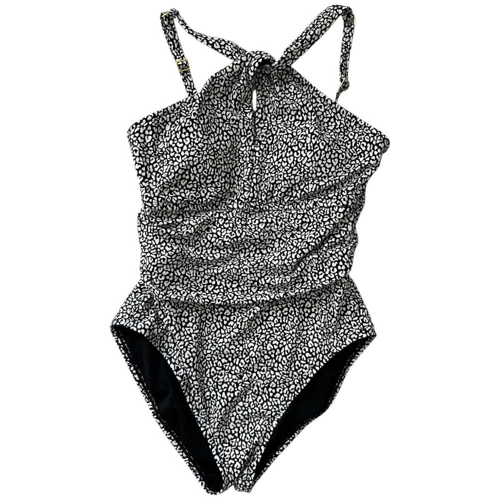 BLEU ROD BEATTIE Women’s 1-Piece Swimsuit Black White High Neck Twist Keyhole 10
